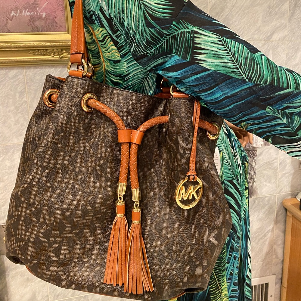 Michael Kors Monogram Shoulder Bag with Leather Tassel. Original Brown & Tan